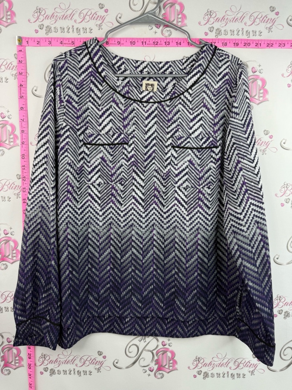Anne Klein blouse top shirt ombré Purple and Black Chevron Long Sleeve Top